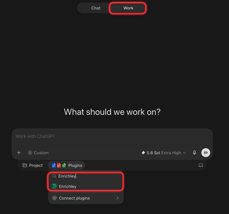 ChatGPT Work with the Plugins picker filtered to Enrichley