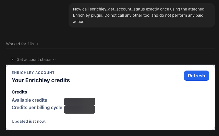 ChatGPT Work rendering the Enrichley account-status card with account values hidden