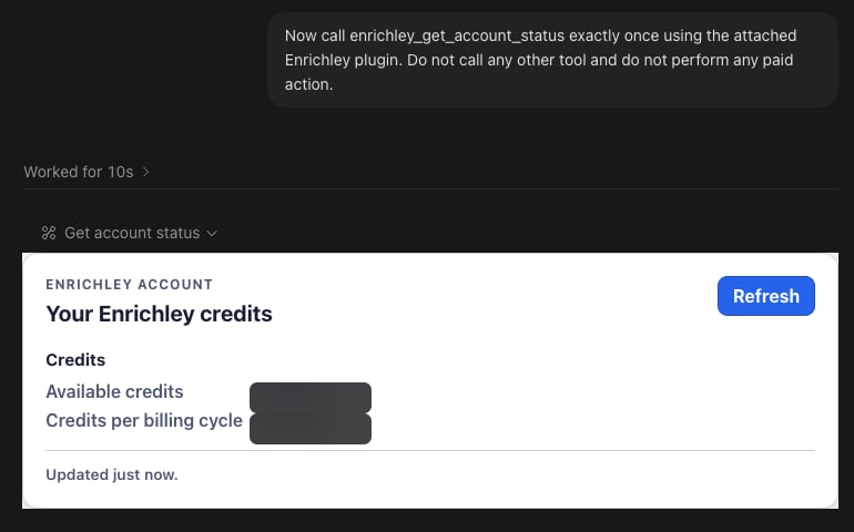 ChatGPT Work rendering the Enrichley account-status card with account values hidden
