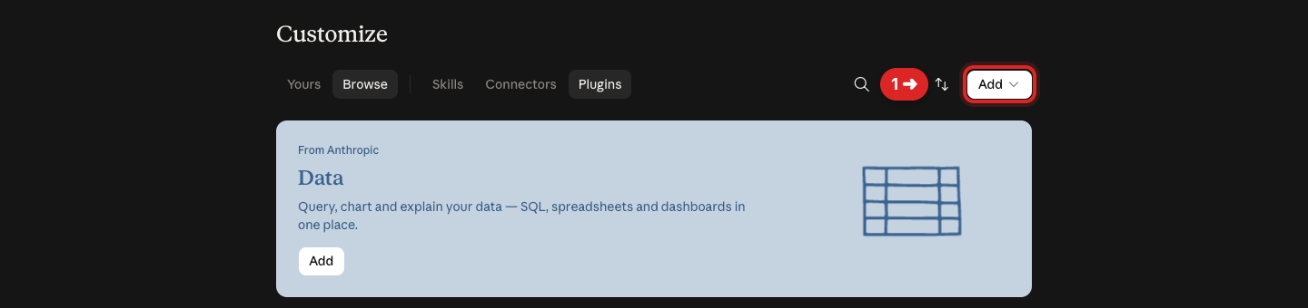 Claude Customize Plugins page with an arrow pointing to the Add menu