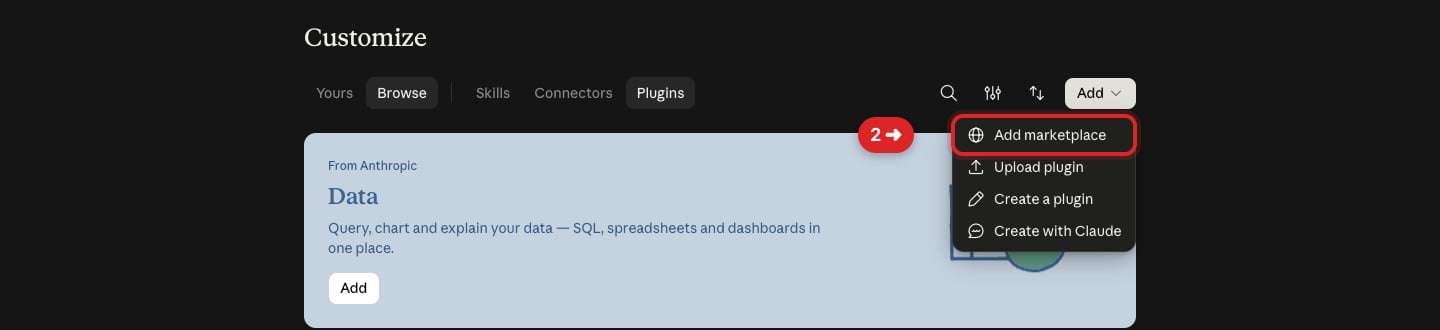 Claude Add menu with an arrow pointing to Add marketplace