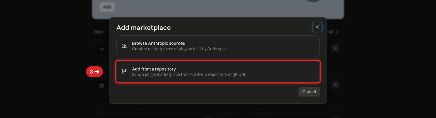 Add marketplace window with an arrow pointing to Add from a repository