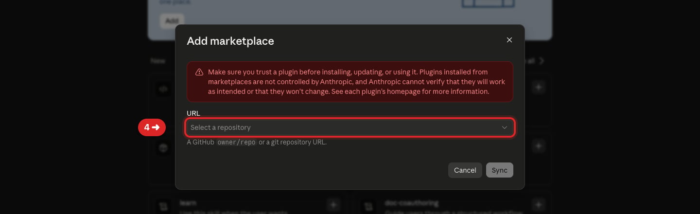 Add marketplace window with an arrow pointing to the repository picker