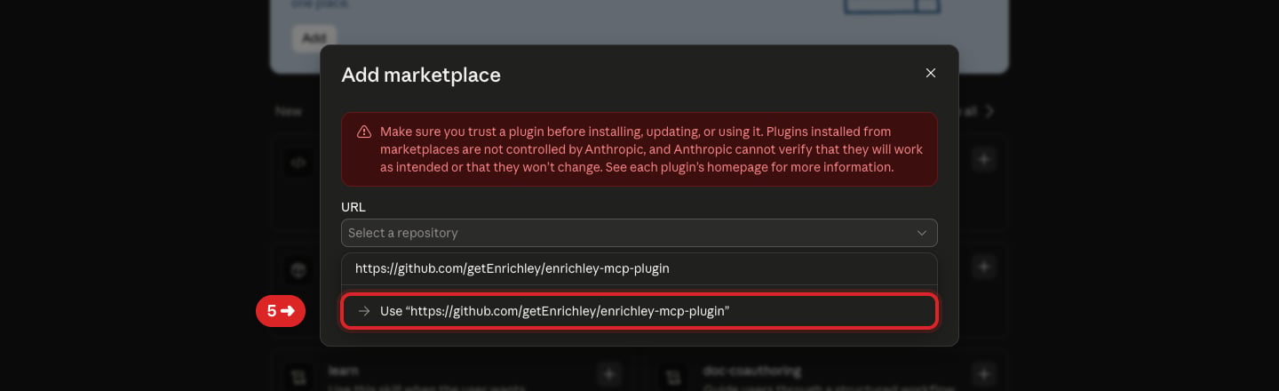 Repository picker showing the Enrichley GitHub URL and the Use option