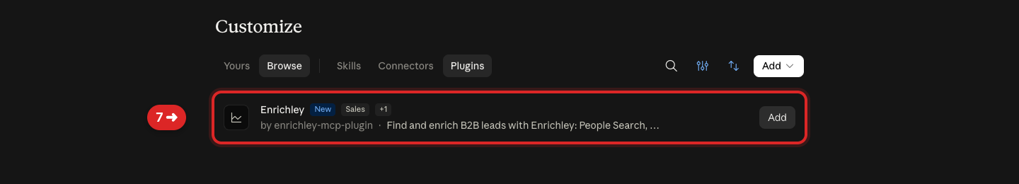 Claude Plugins page with an arrow pointing to Enrichley