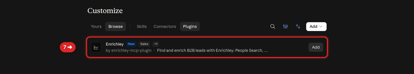 Claude Plugins page with an arrow pointing to Enrichley