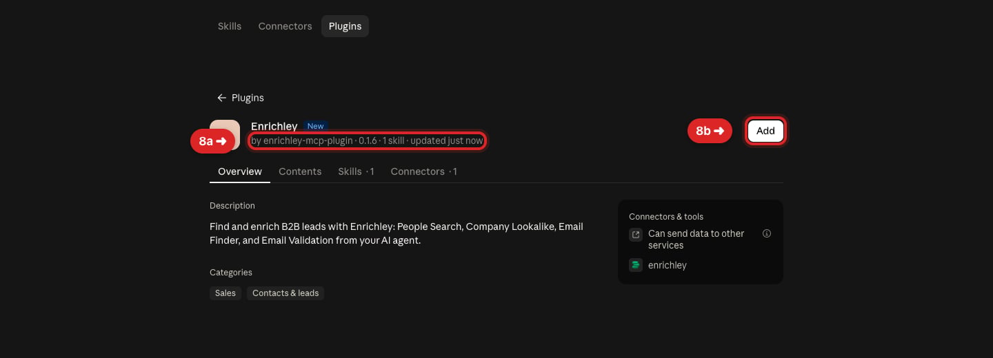 Enrichley plugin details highlighting the version information and Add button