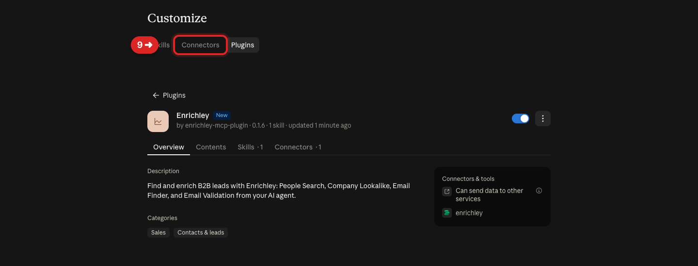 Installed Enrichley plugin with an arrow pointing to the Connectors tab