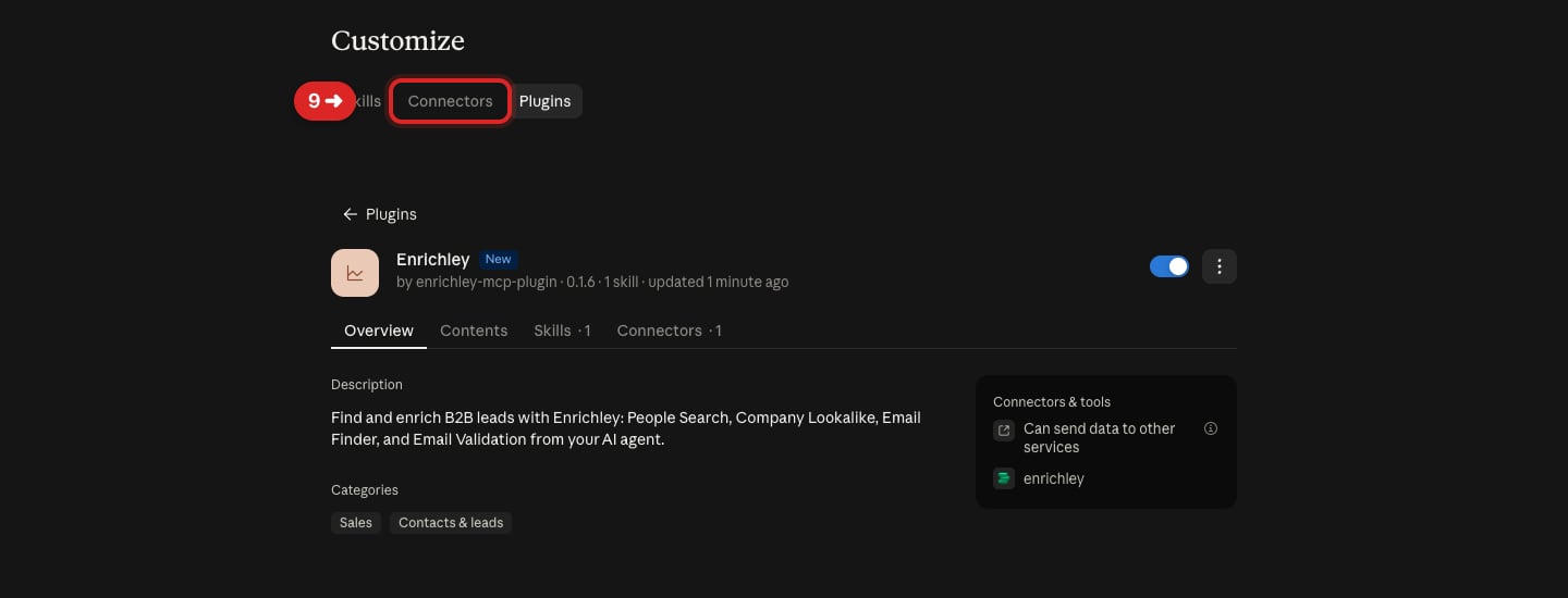 Installed Enrichley plugin with an arrow pointing to the Connectors tab