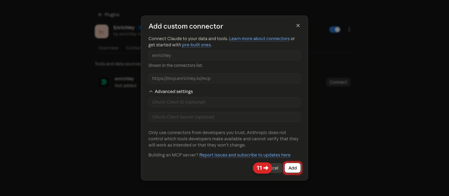 Prefilled Enrichley custom connector window with an arrow pointing to Add