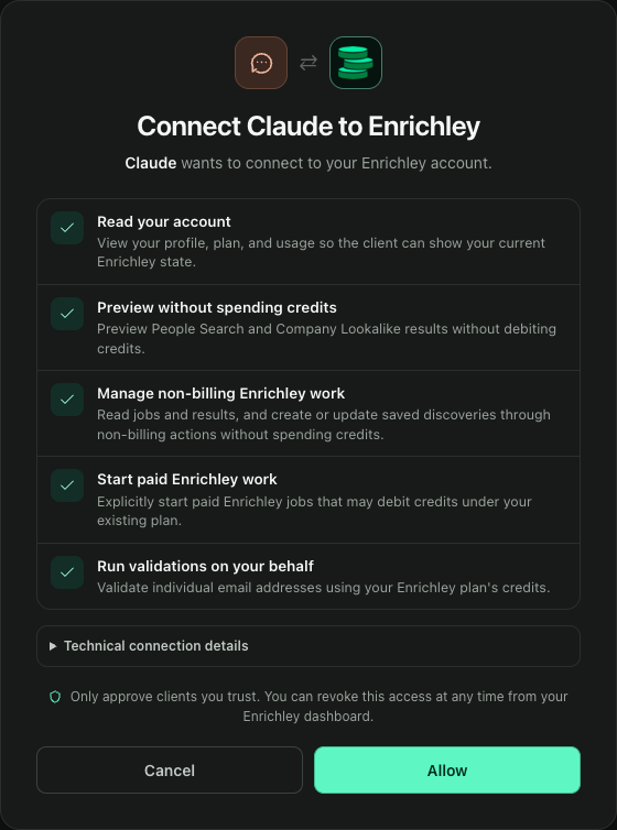 Enrichley authorization page showing the requested scopes and Allow button