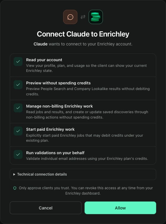 Enrichley authorization page showing the requested scopes and Allow button