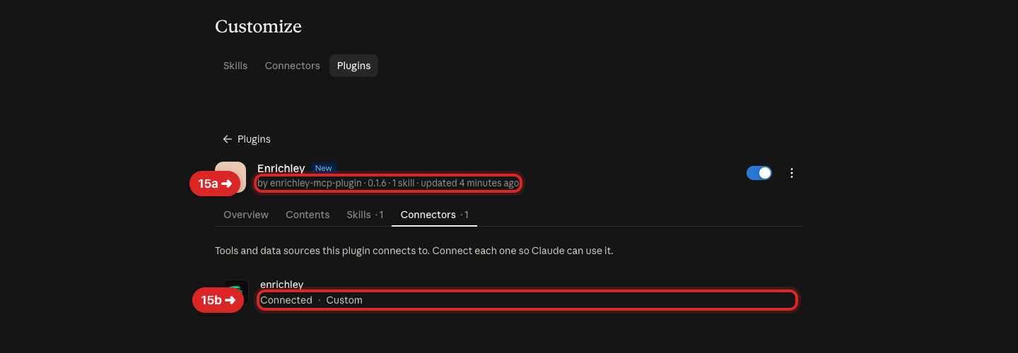 Enrichley plugin connector tab highlighting the installed version and Connected status