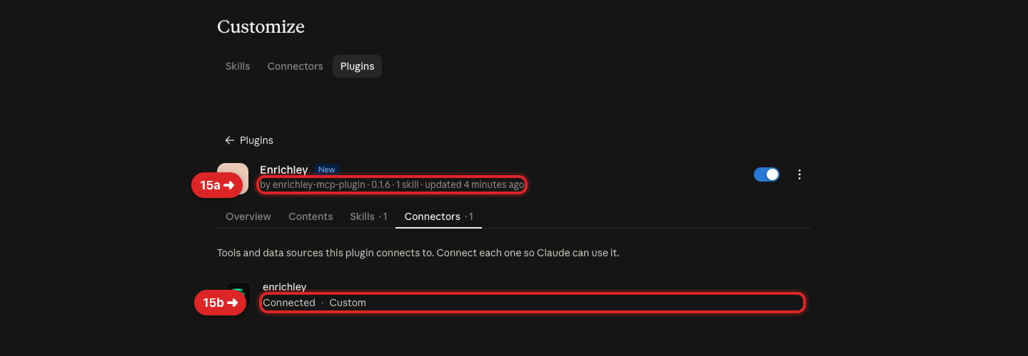 Enrichley plugin connector tab highlighting the installed version and Connected status