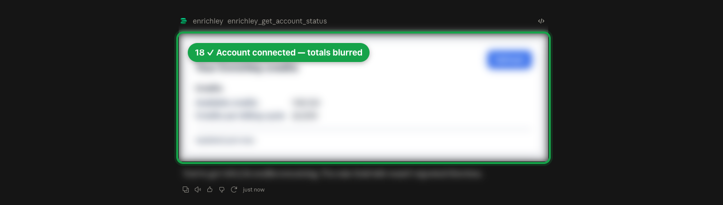 Successful Enrichley account-status card with account totals blurred