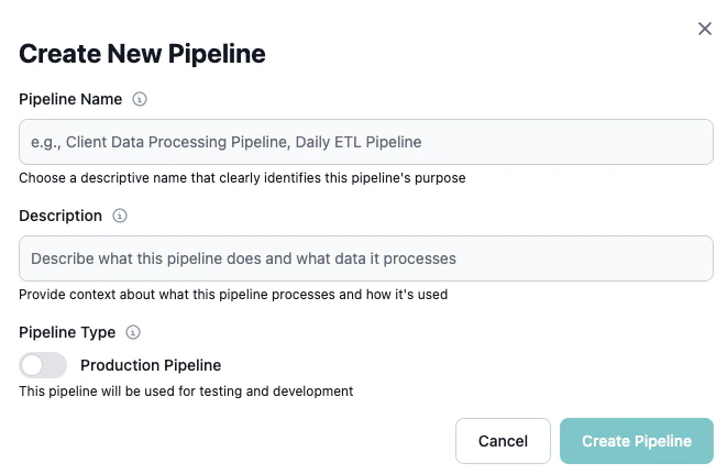 Create Pipeline dialog with name and key fields
