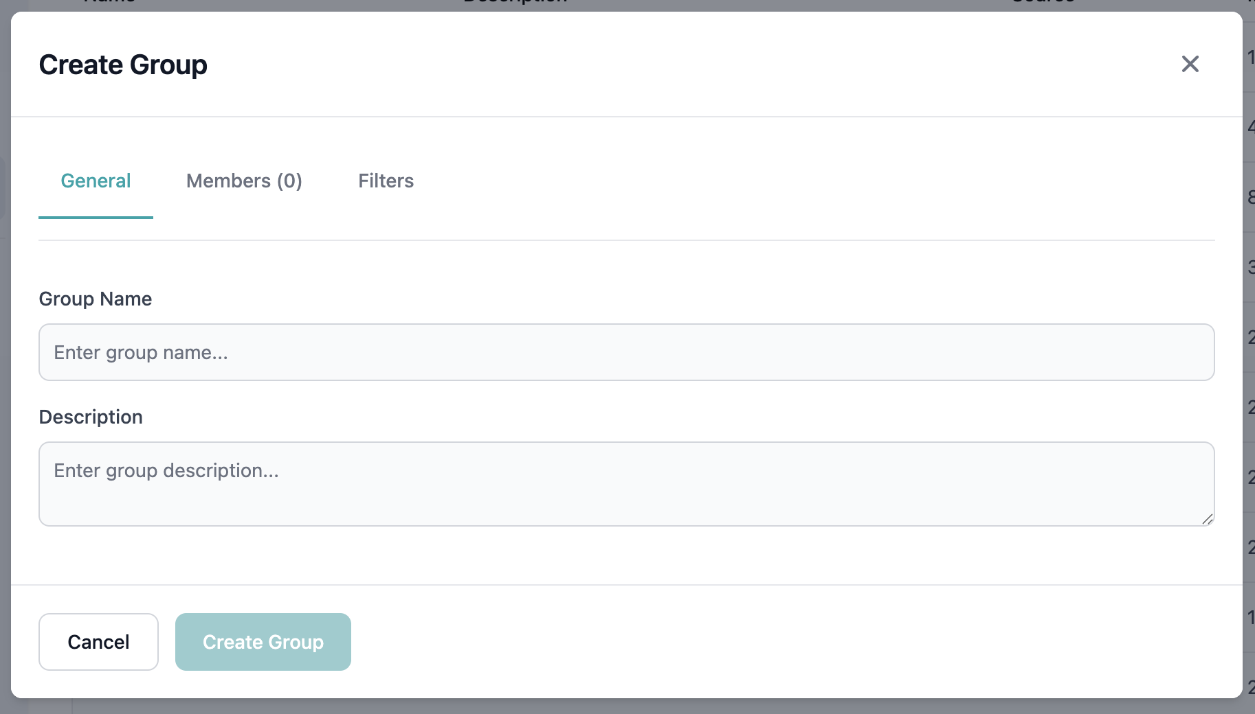 Create Group modal - initial view