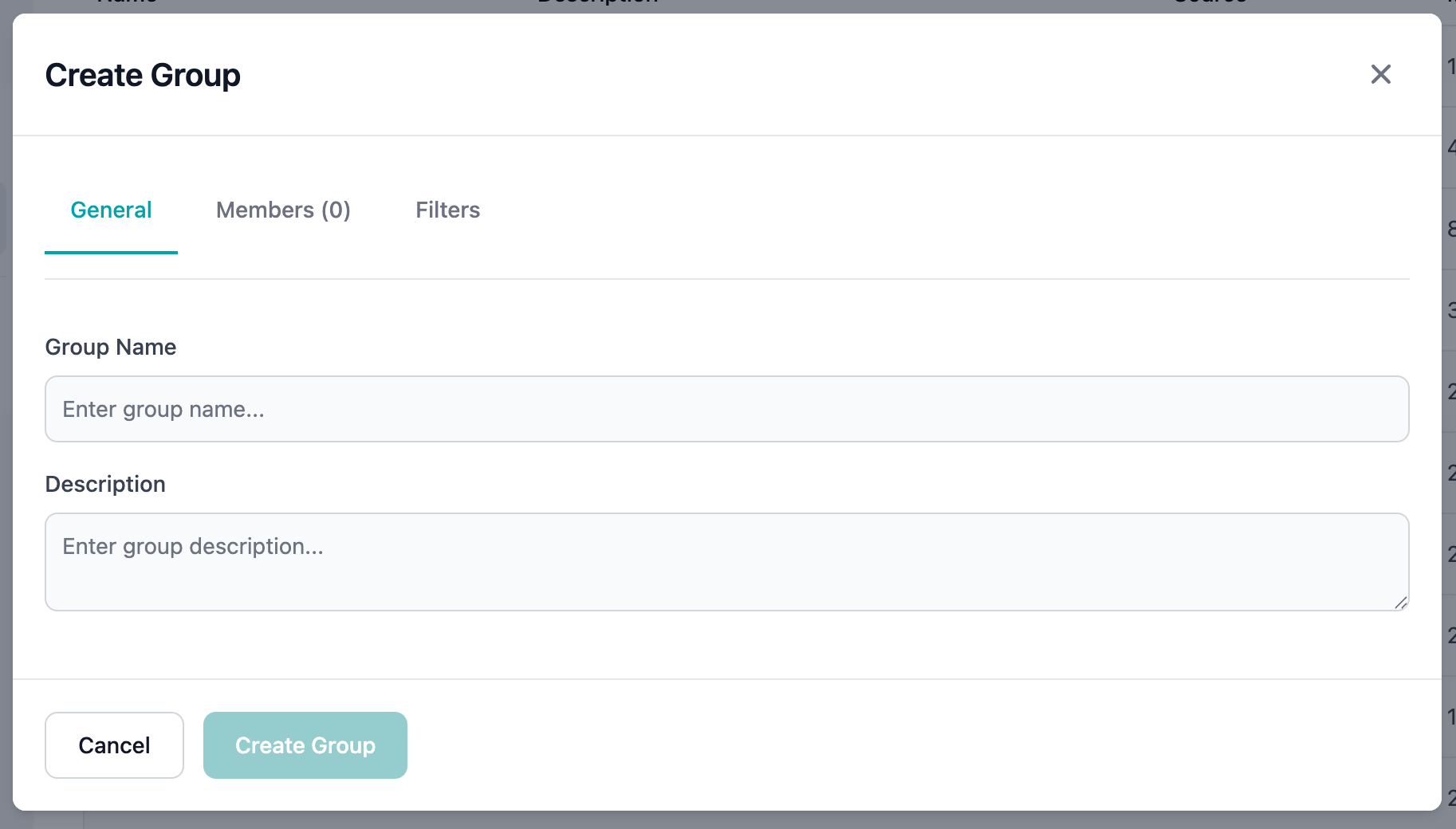 Create Group modal - initial view