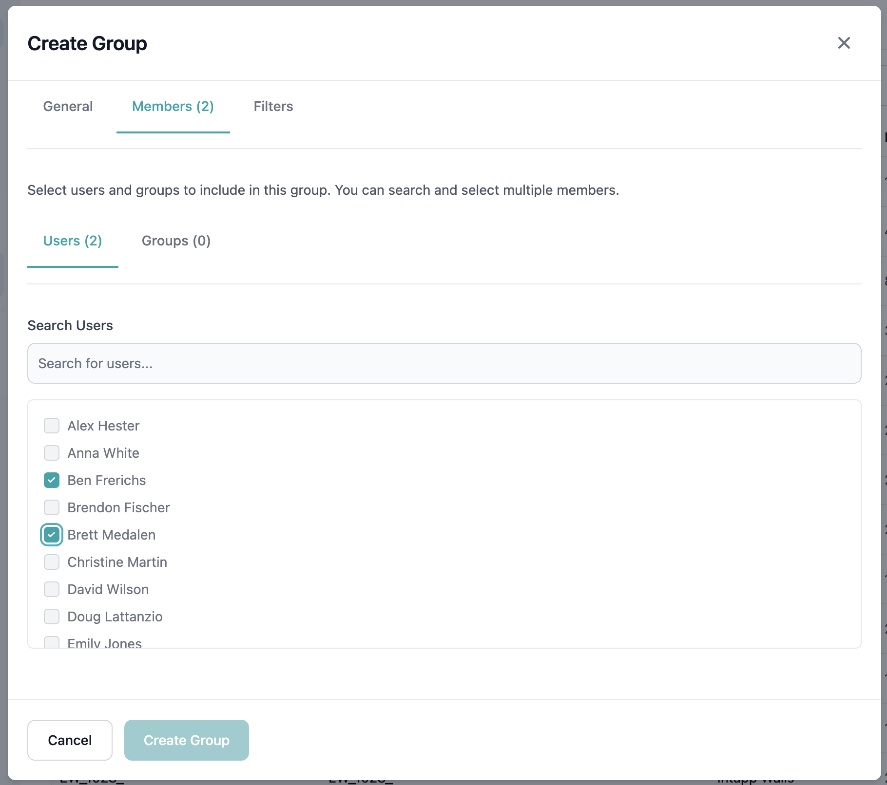 Users tab with search and selection