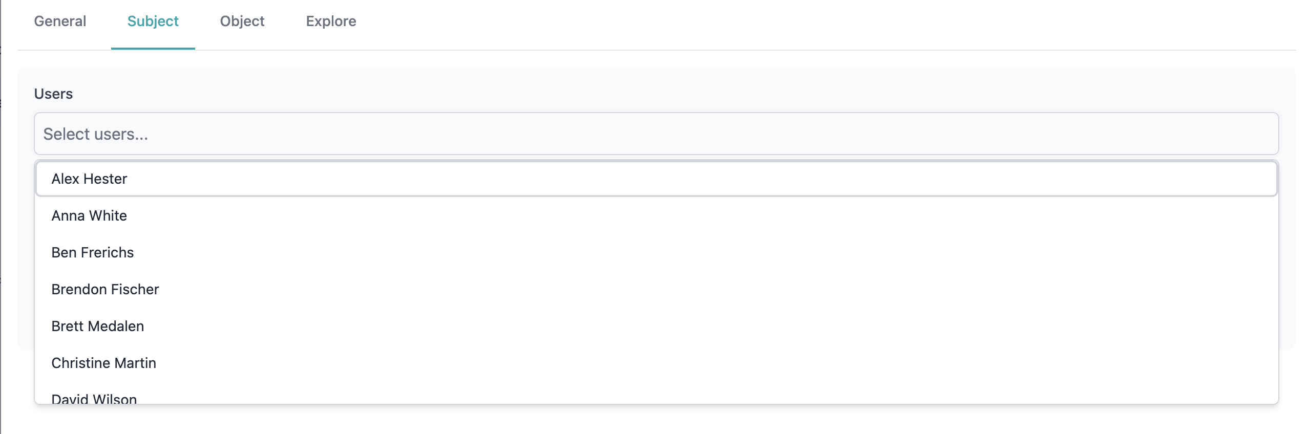 User selection dropdown with search