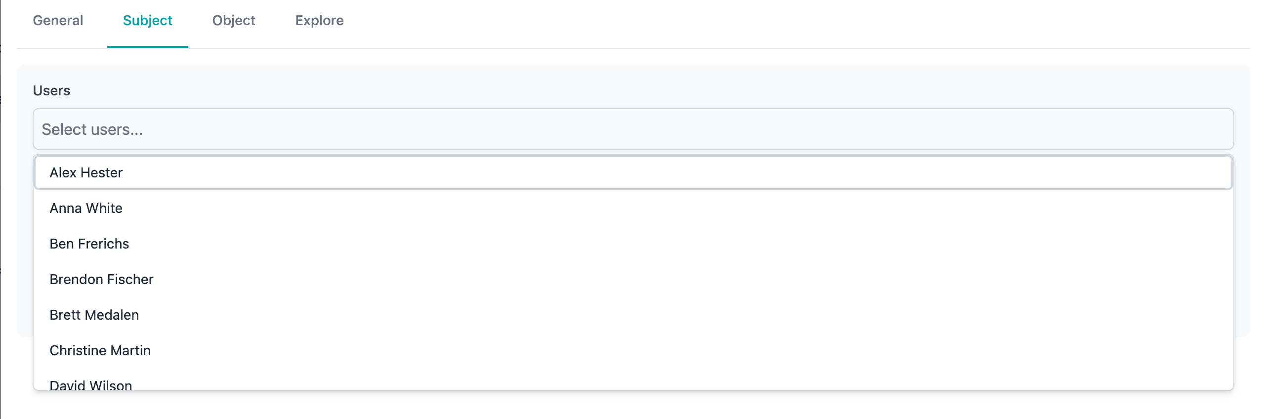 User selection dropdown with search