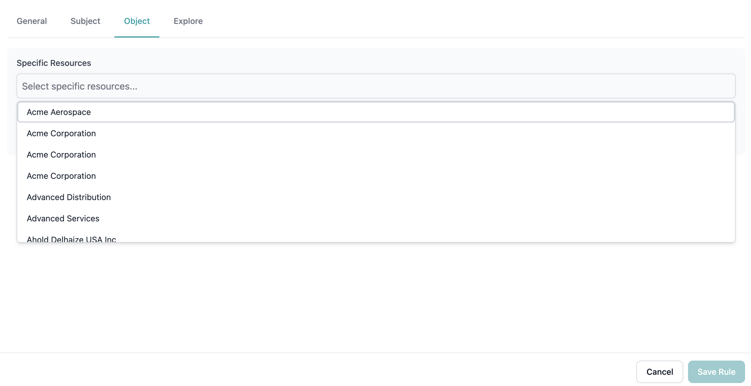 Resource selection dropdown