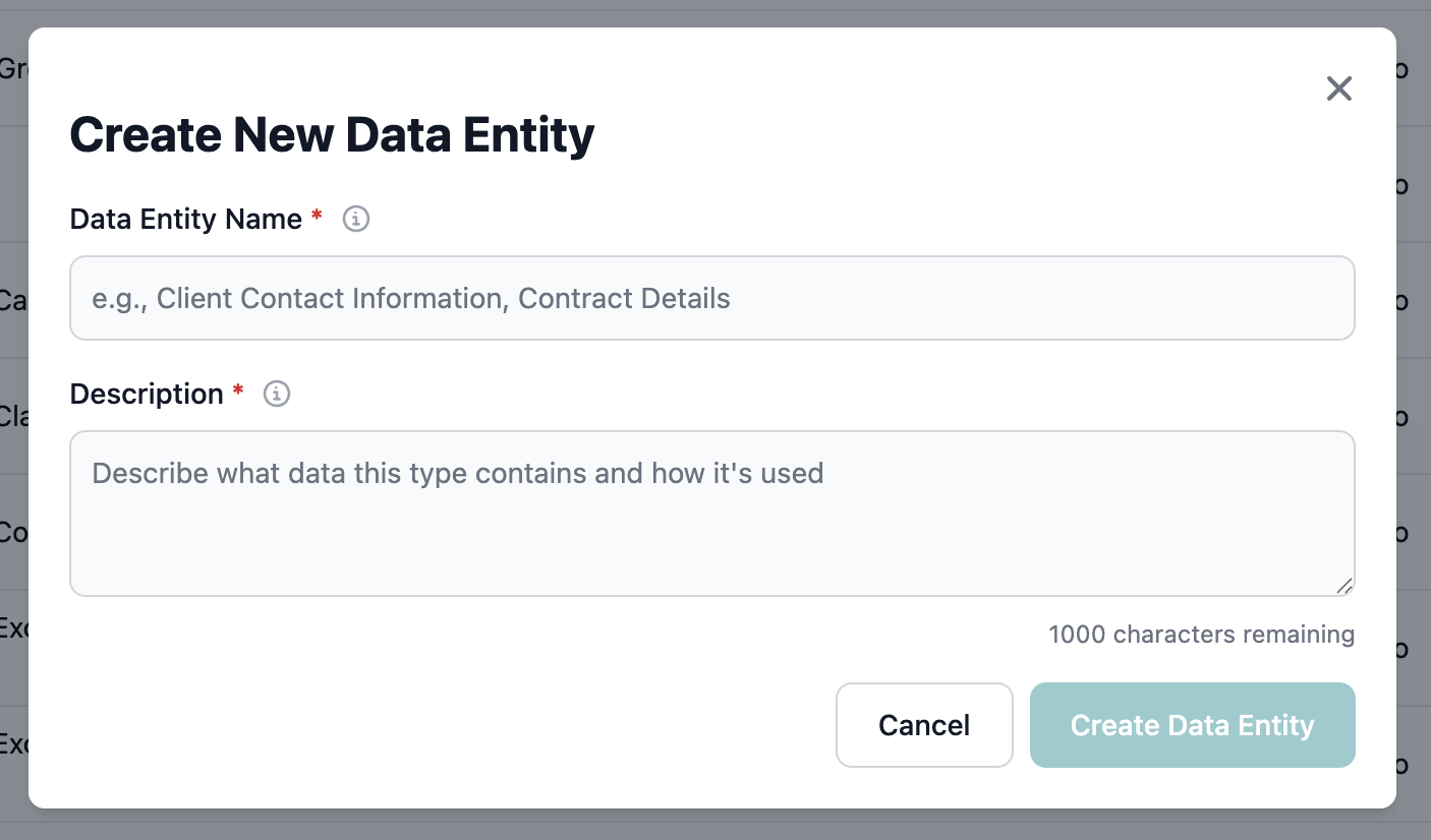Create data type dialog with fields filled