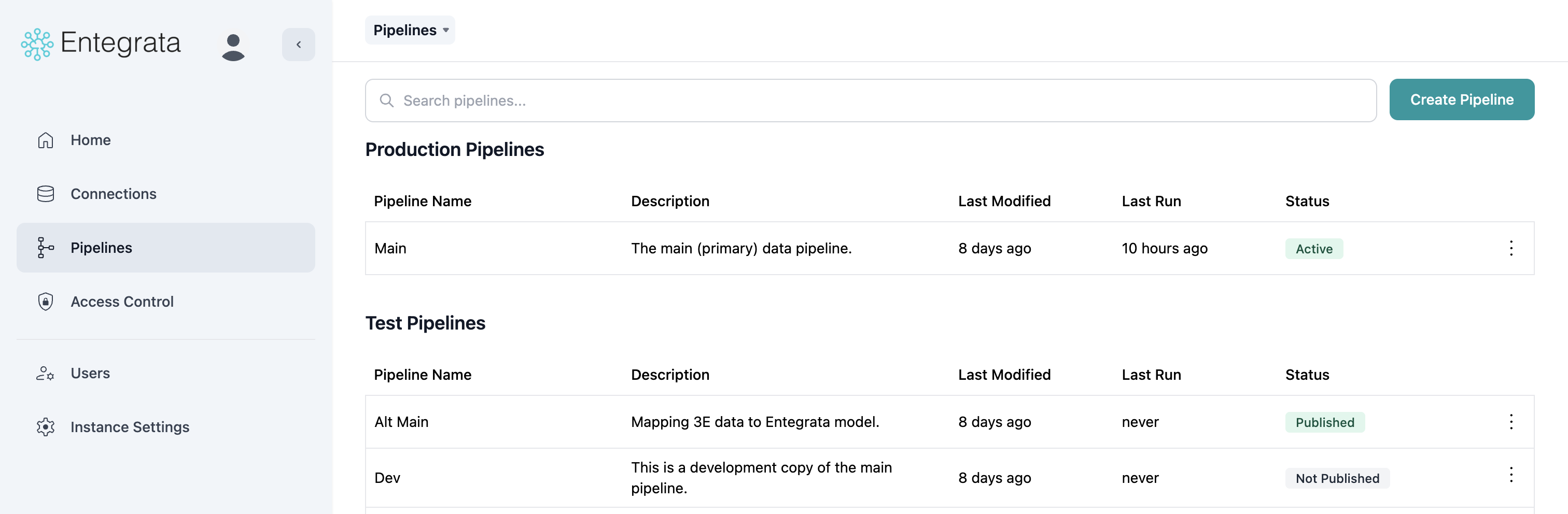 Pipeline list with Create button highlighted