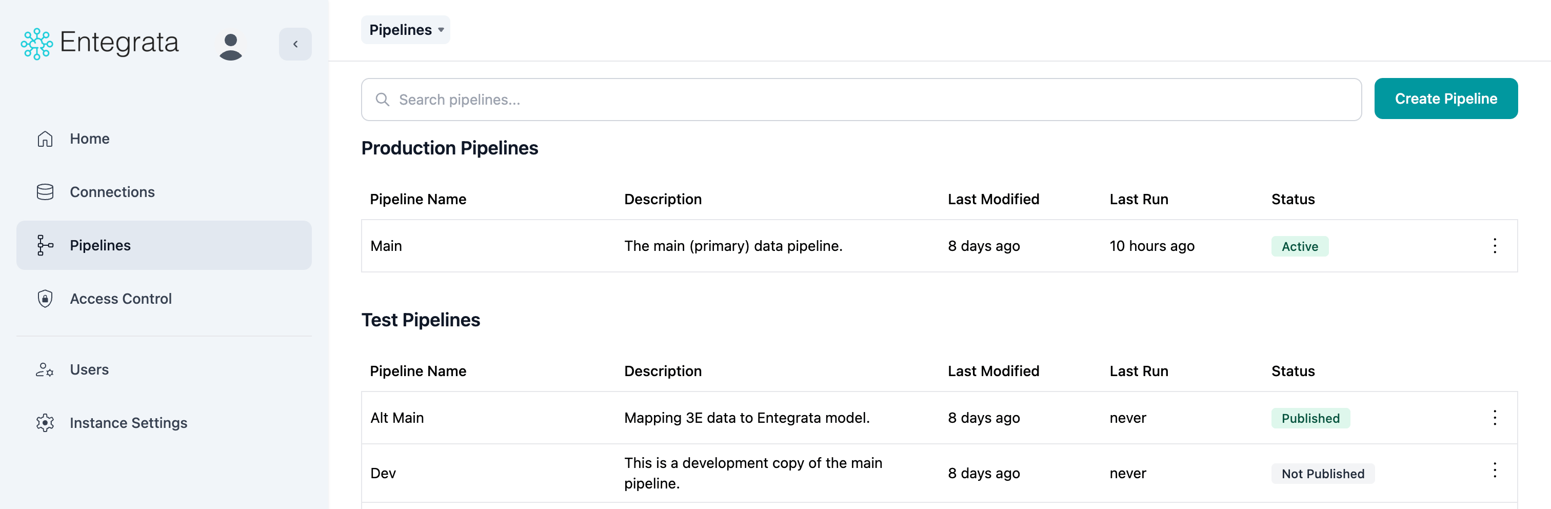 Pipeline list with Create button highlighted