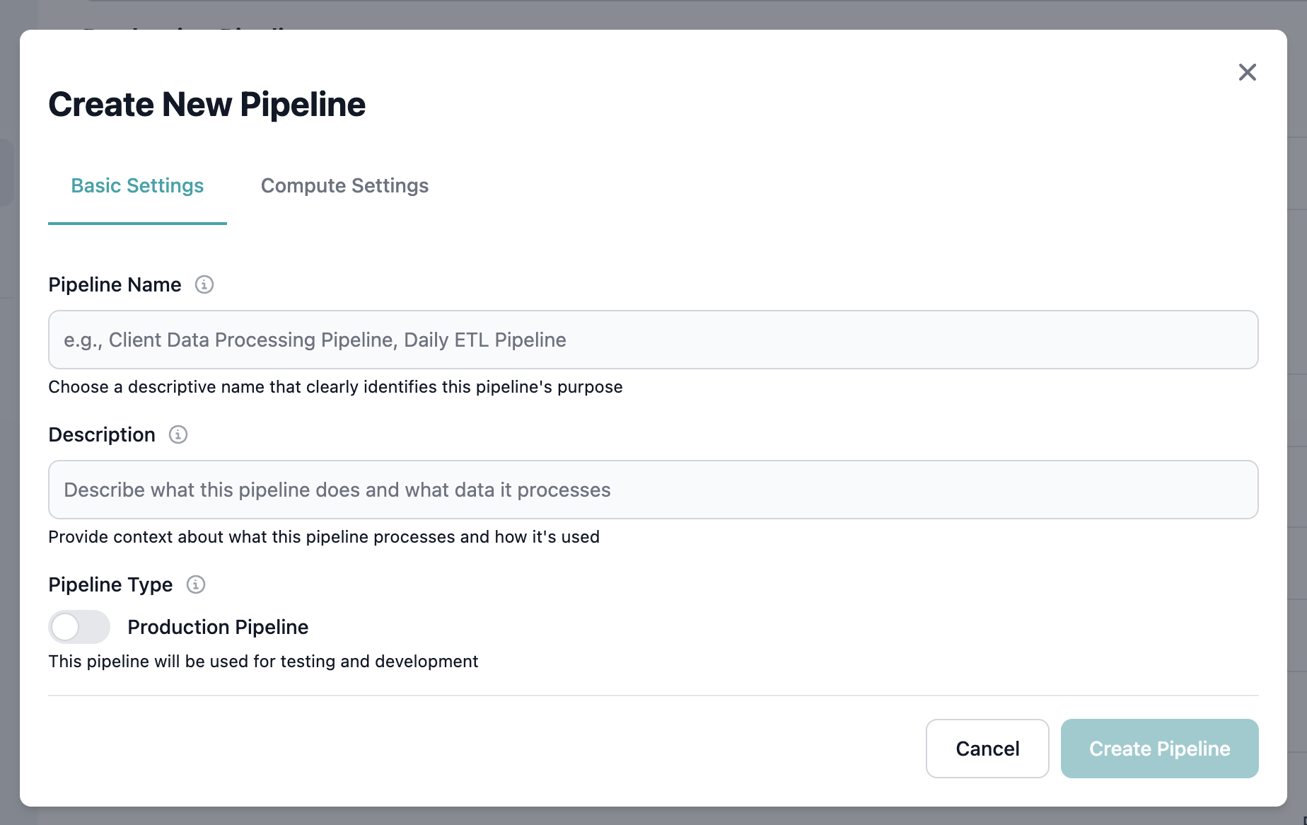 Create Pipeline dialog with name and key fields