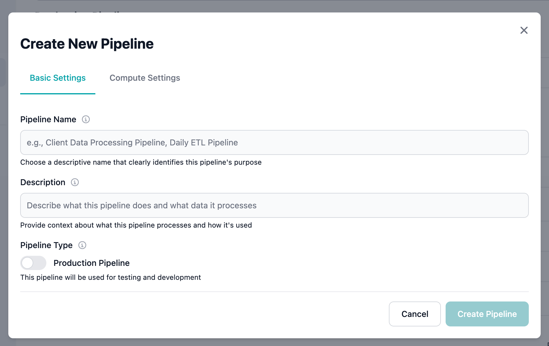 Create Pipeline dialog with name and key fields