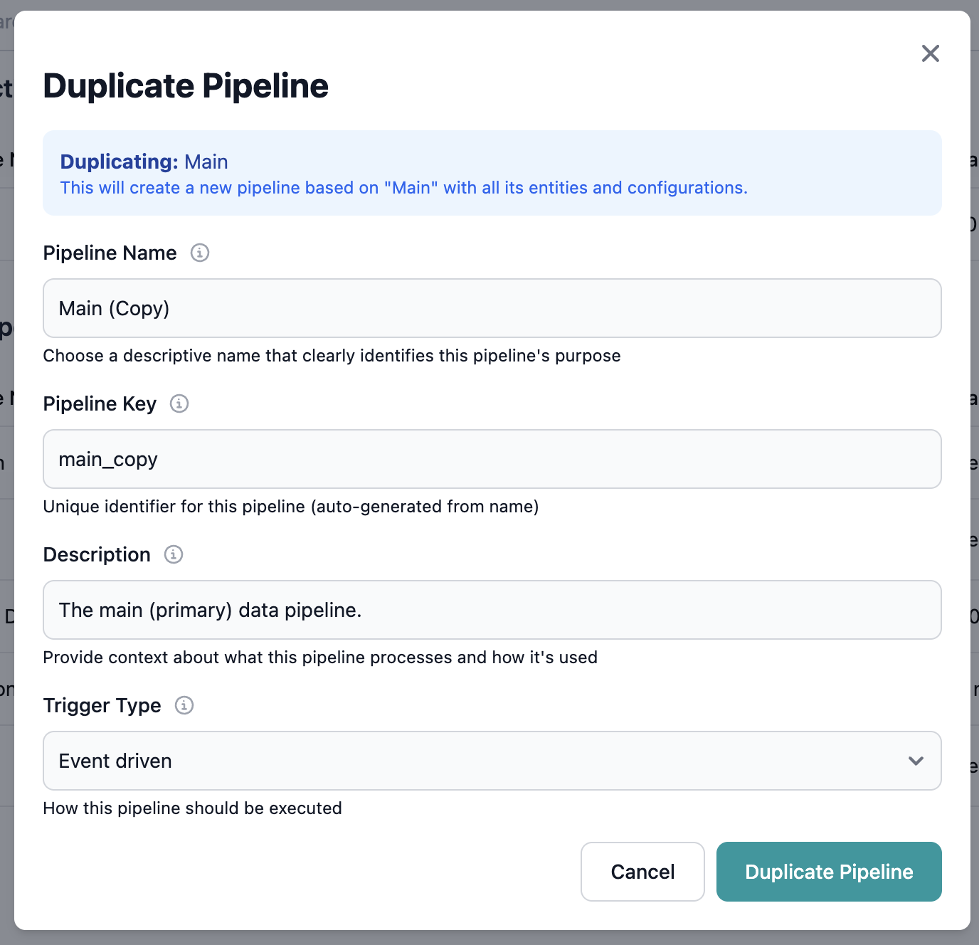 Duplicate Pipeline dialog with pre-filled fields