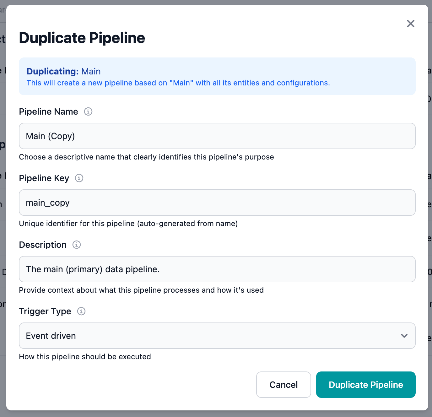 Duplicate Pipeline dialog with pre-filled fields