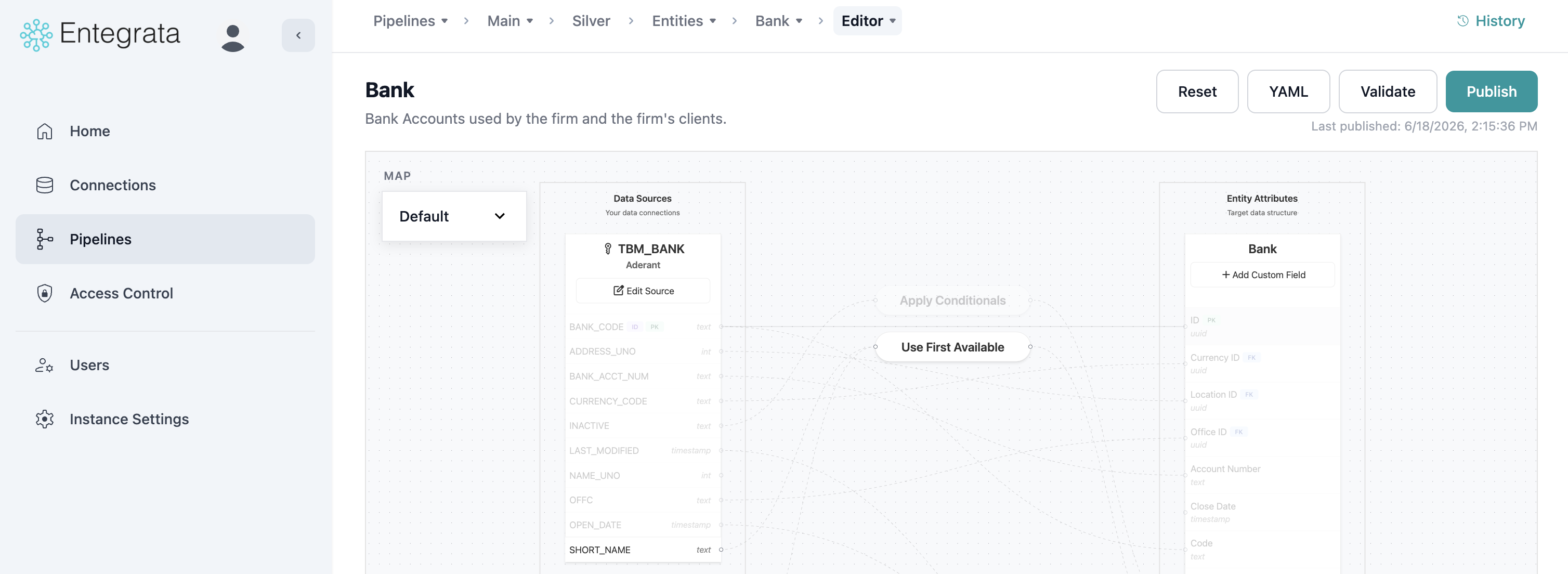 Visual representation of field mapping from source to entity