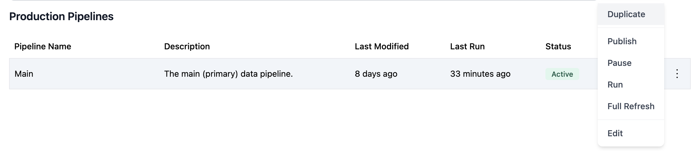 Pipeline list with source pipeline highlighted