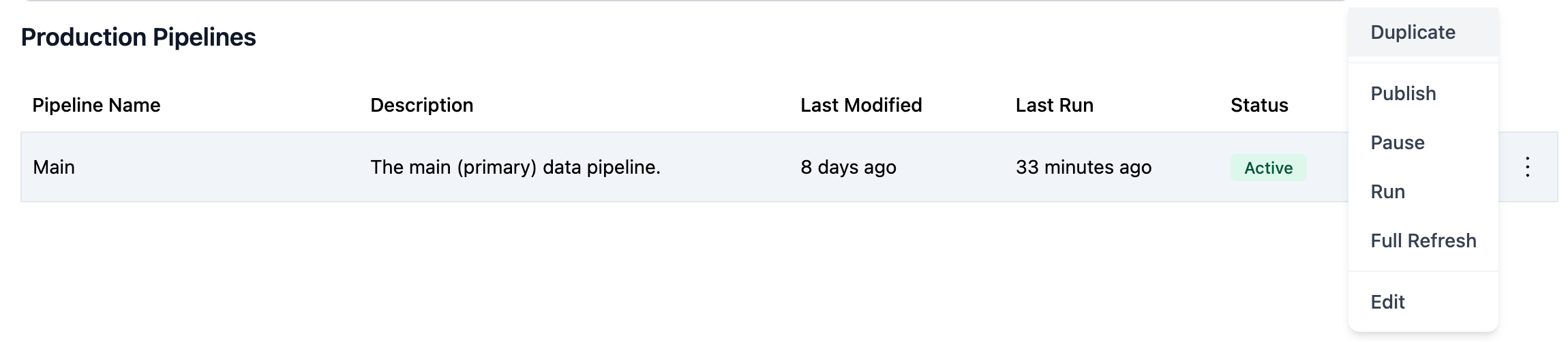 Pipeline list with source pipeline highlighted