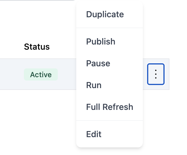 Pipeline actions menu