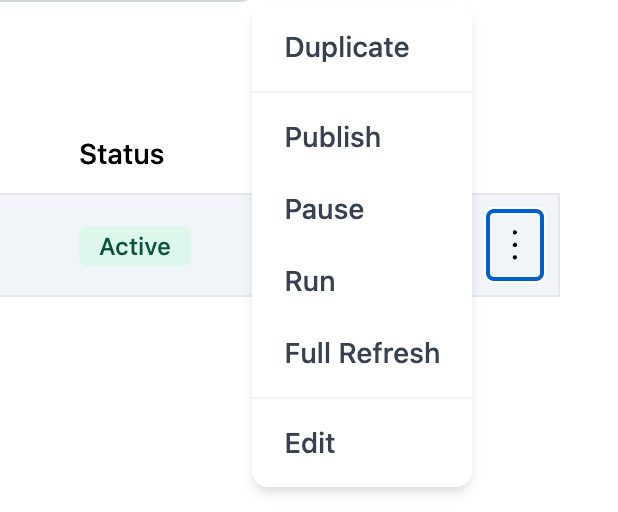 Pipeline actions menu