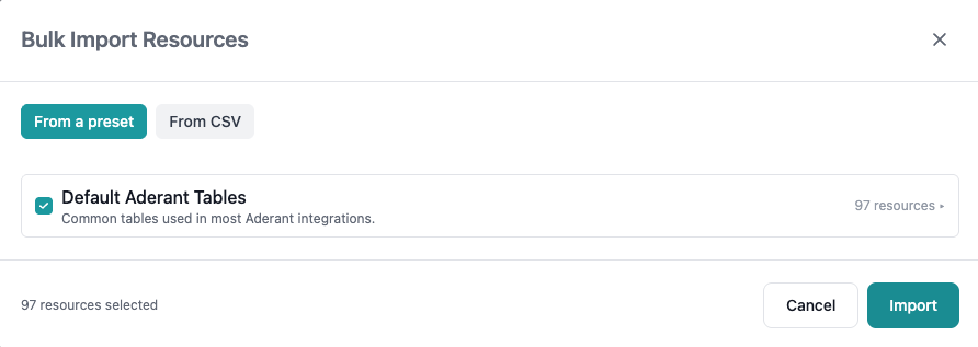 Bulk Import Resources dialog showing preset and CSV options