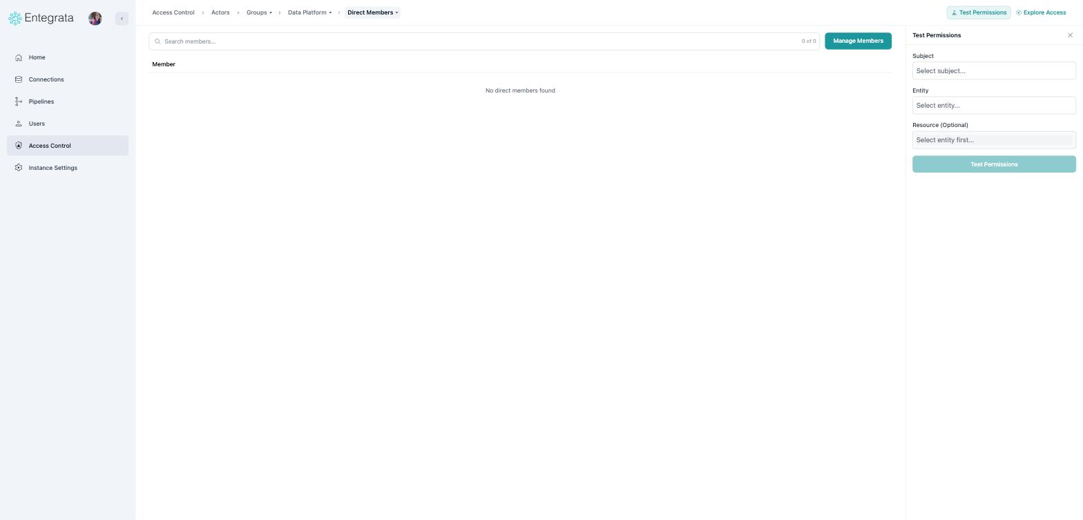 Test Permissions panel with subject, entity, and resource fields