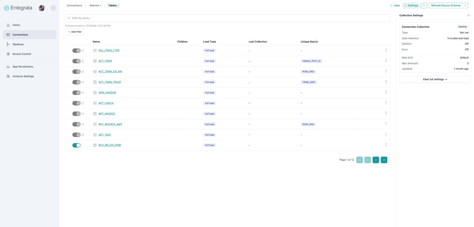 Settings panel showing type, data retention, deletion, sync, and rate limit