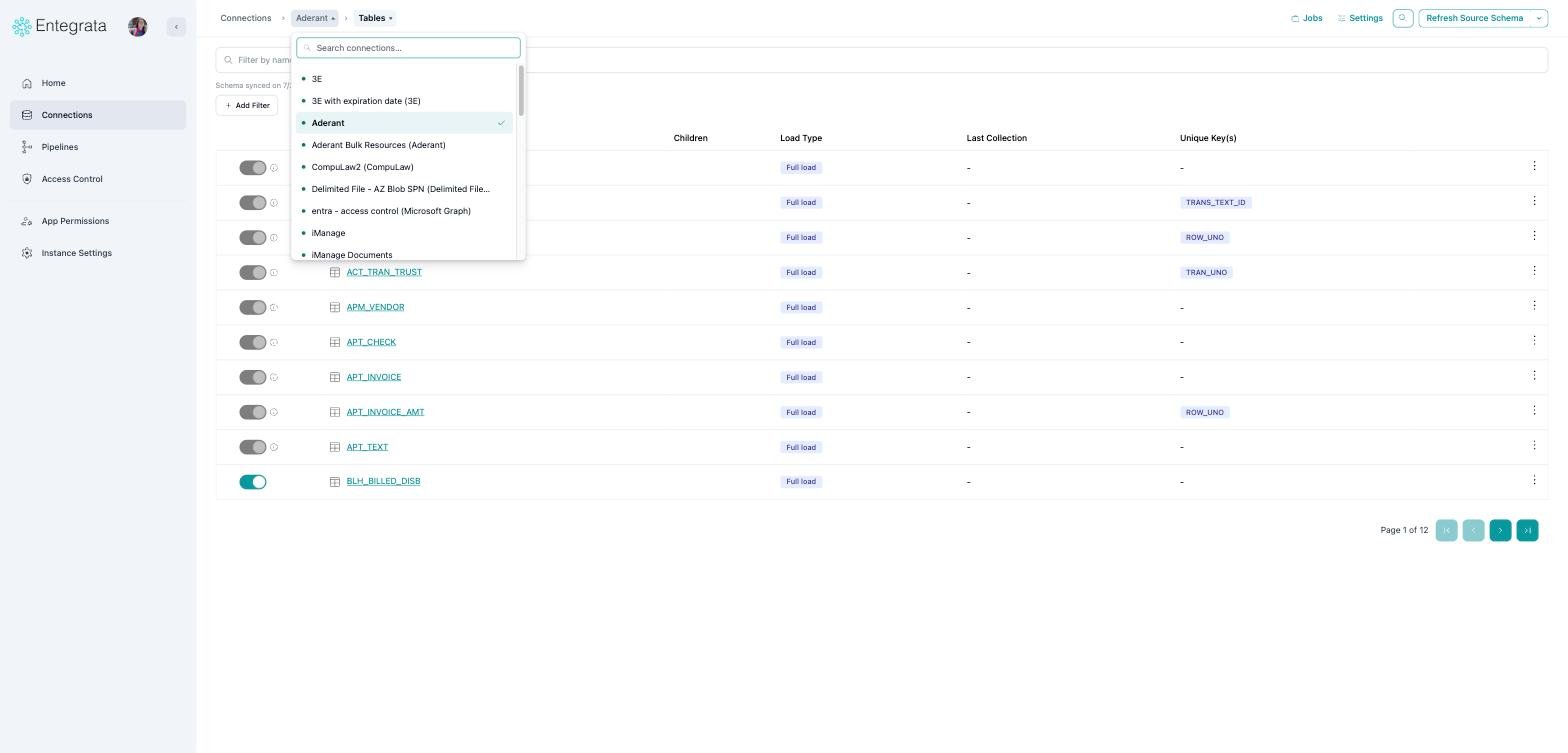 Connection switcher listing connections with status dots