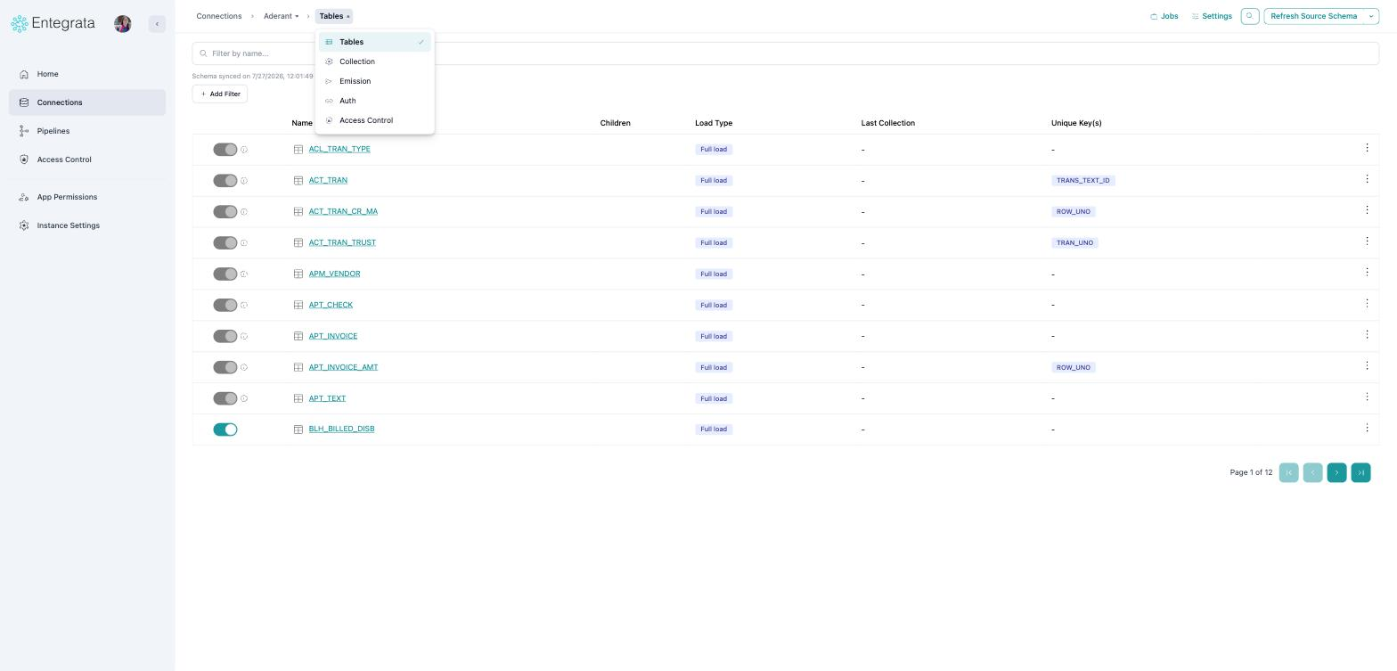Tables breadcrumb menu open showing all five connection views