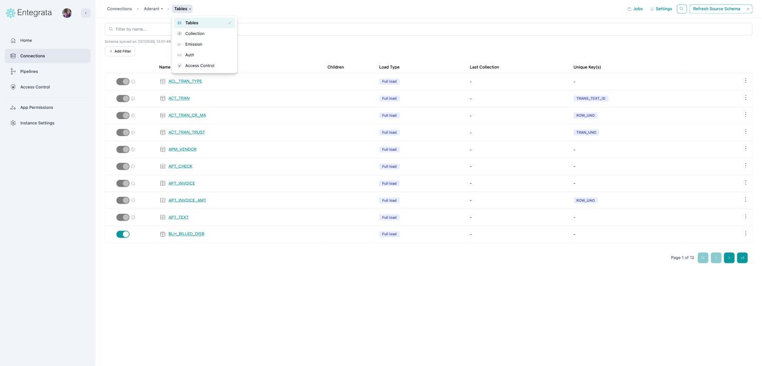 Tables breadcrumb menu open showing all five connection views