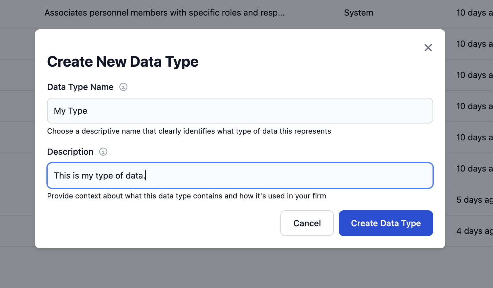 Create data type dialog with fields filled