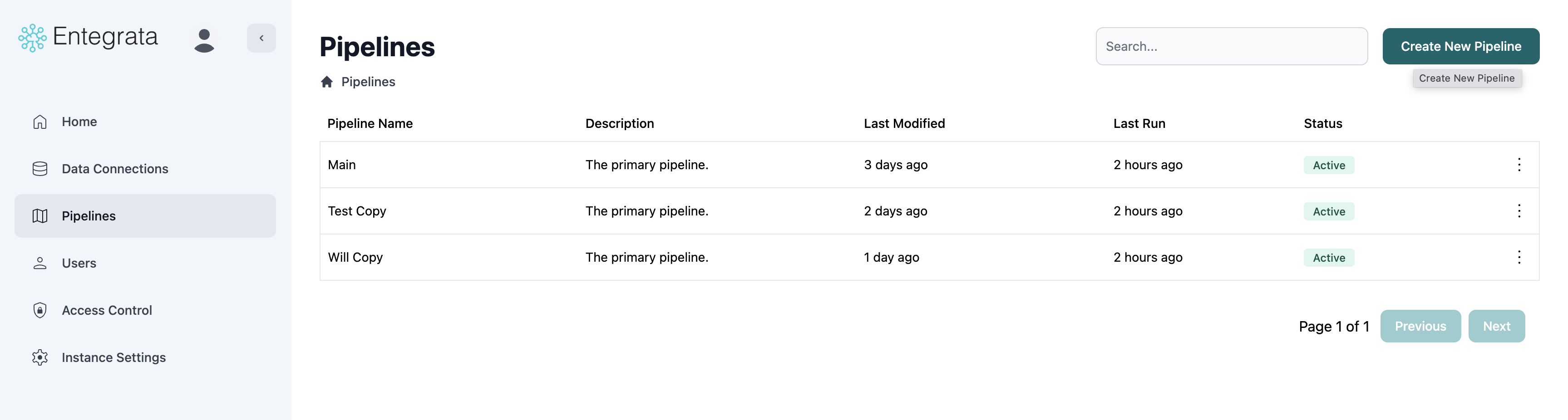Pipeline list with Create button highlighted