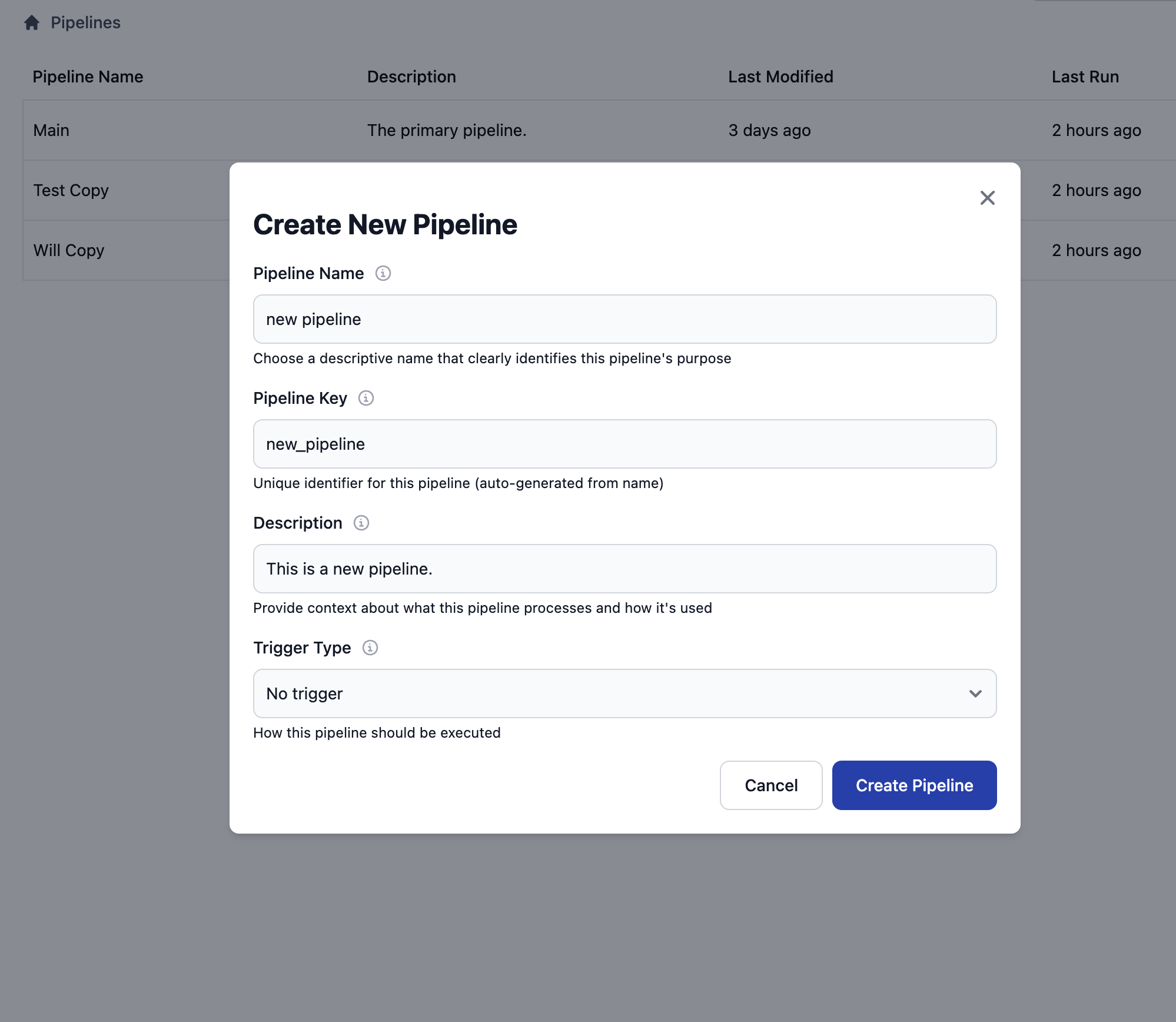 Create Pipeline dialog with name and key fields