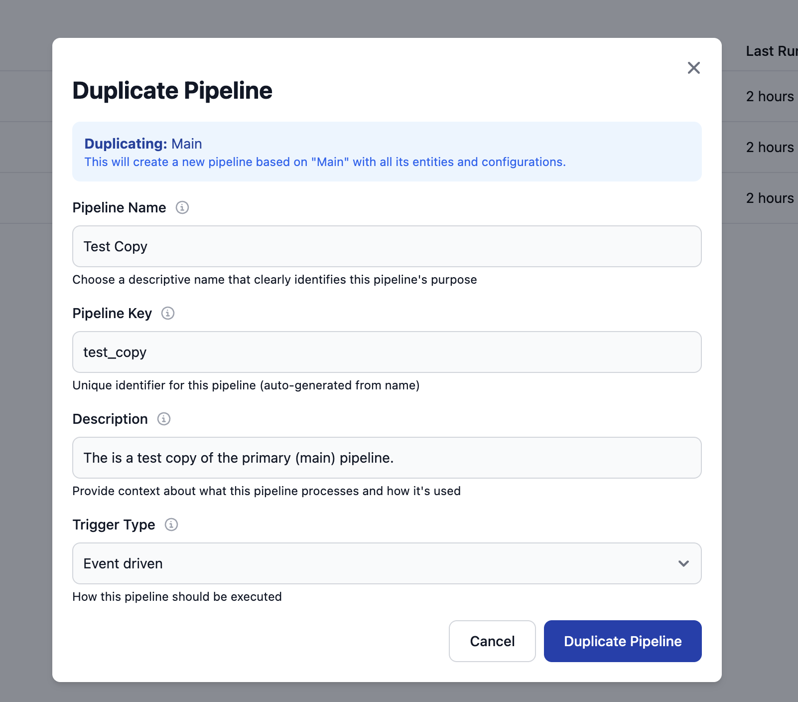Duplicate Pipeline dialog with pre-filled fields