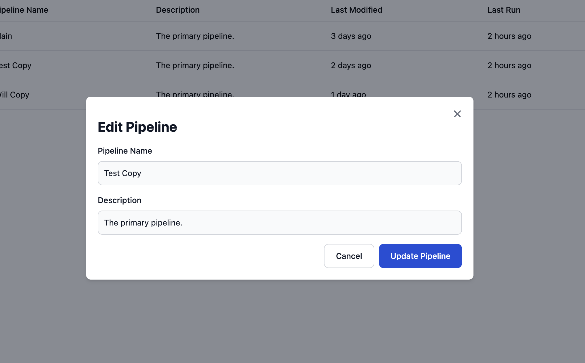 Edit Pipeline dialog showing name field