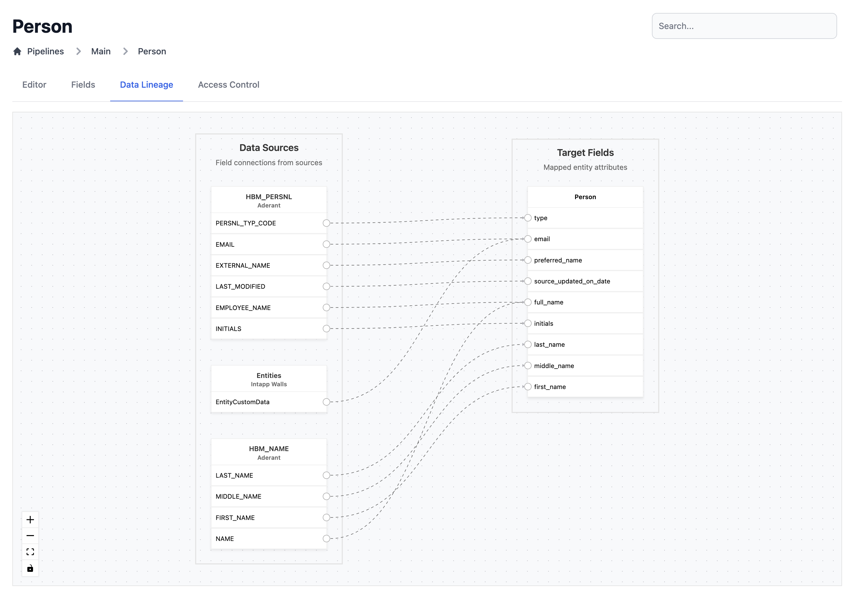 Field mapping grid showing source-to-target mappings